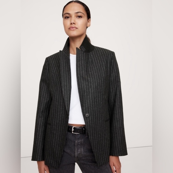 NWT! Banana Republic Gray Stripe Relaxed Slim Pinstripe Flannel Blazer and Pants - Picture 2 of 12